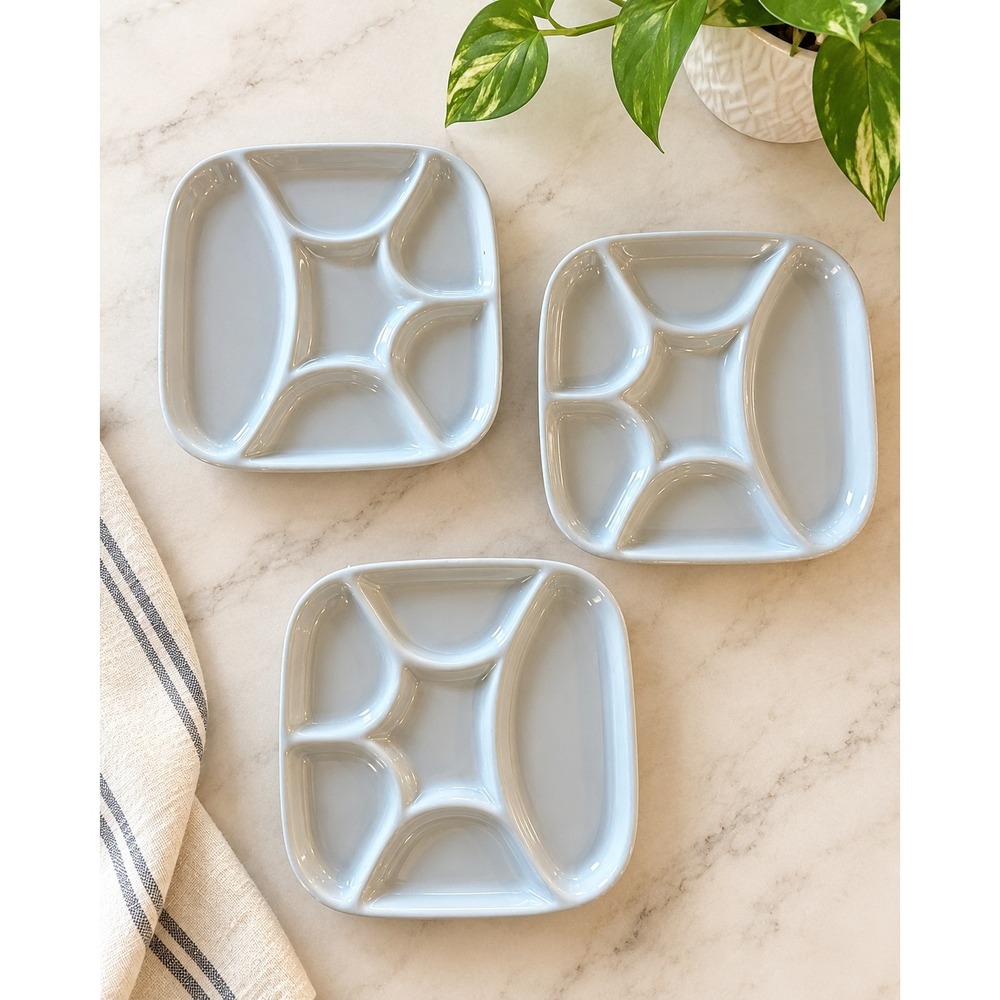 Vintage Japan Ceramic Fondue Plates Set of 3 Gray Divided Dinnerware 1970s Sushi
